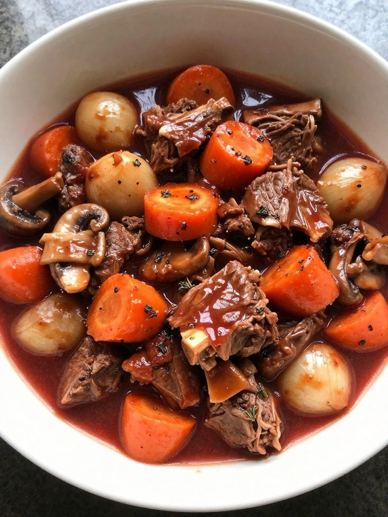 French Red Wine Lamb Stew with Pearl Onions and Mushrooms