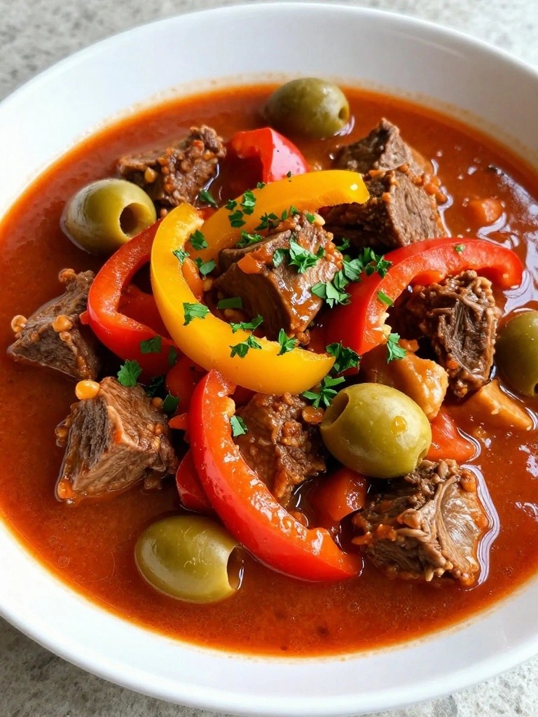 Savory Spanish Lamb Stew with Saffron, Peppers, and Olives