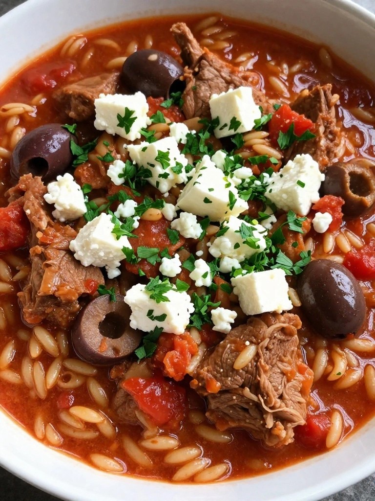 Greek Tomato Pork Shoulder Stew with Olives and Orzo