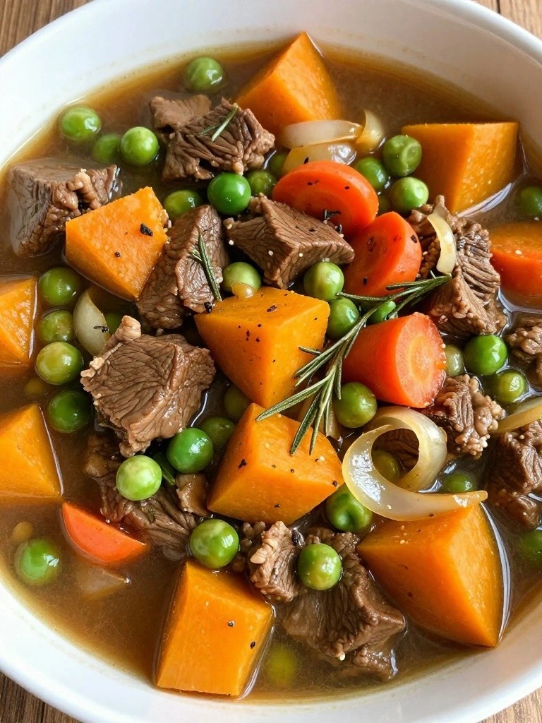 Garlic Rosemary Crockpot Beef Stew with Peas and Butternut Squash