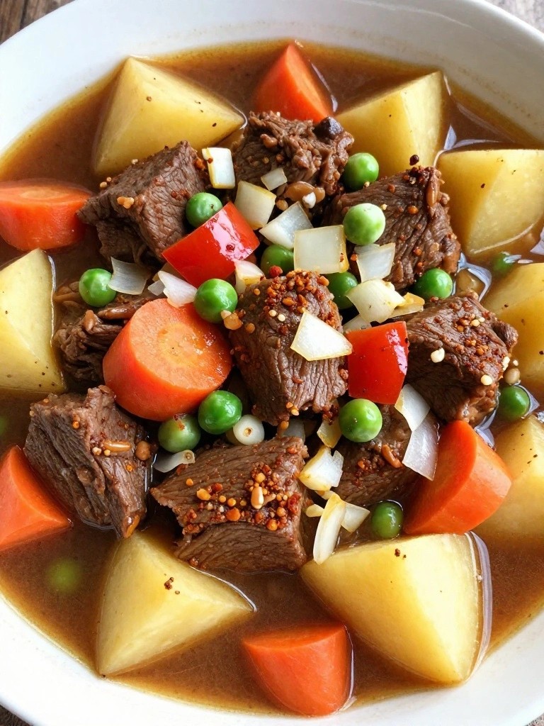 Smoky Paprika Crockpot Beef Stew with Peas and Bell Peppers
