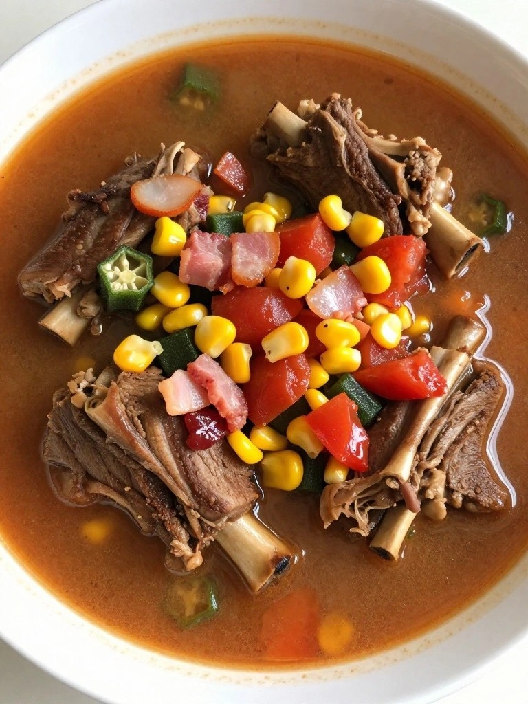 Southern-Style Lamb Shank Stew with Corn, Okra, and Bacon