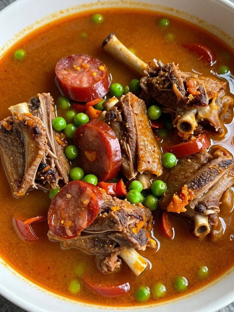 Spanish Saffron Lamb Shank Stew with Chorizo and Peas