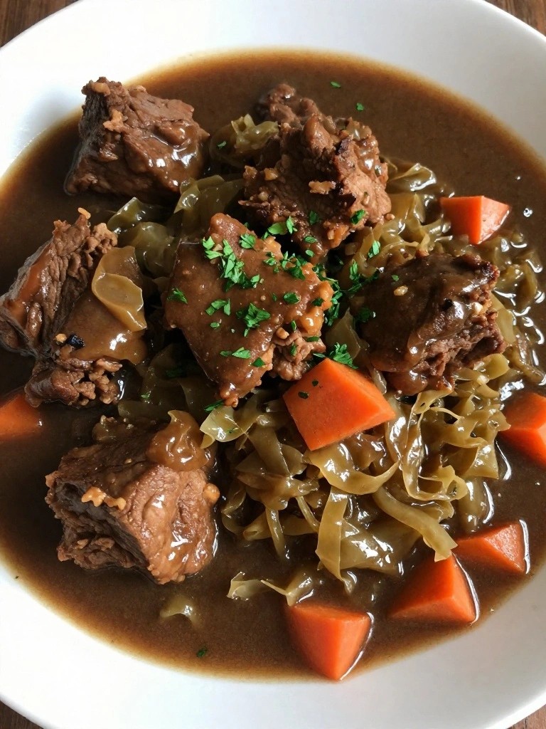 Dark Beer German Pork Stew with Braised Cabbage