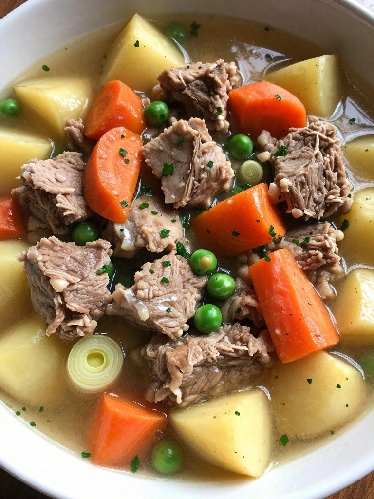 Rustic Irish-Style Pork Stew with Peas, Potatoes, and Leeks