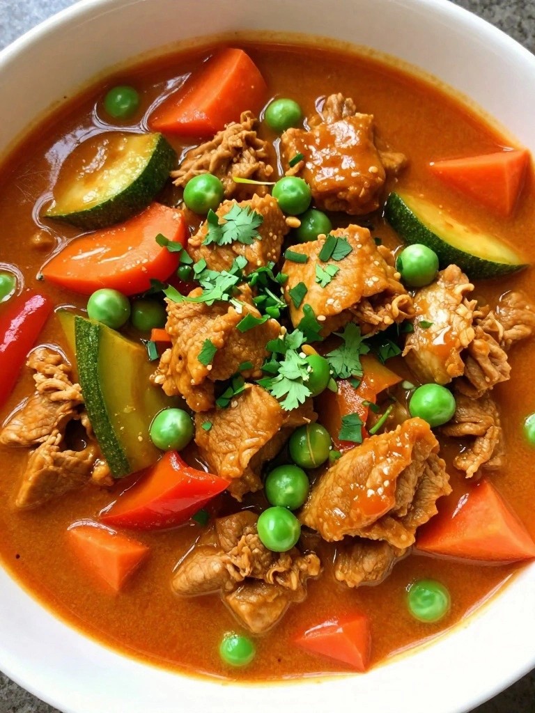 Thai Coconut Curry Pork Stew with Mixed Vegetables and Peas