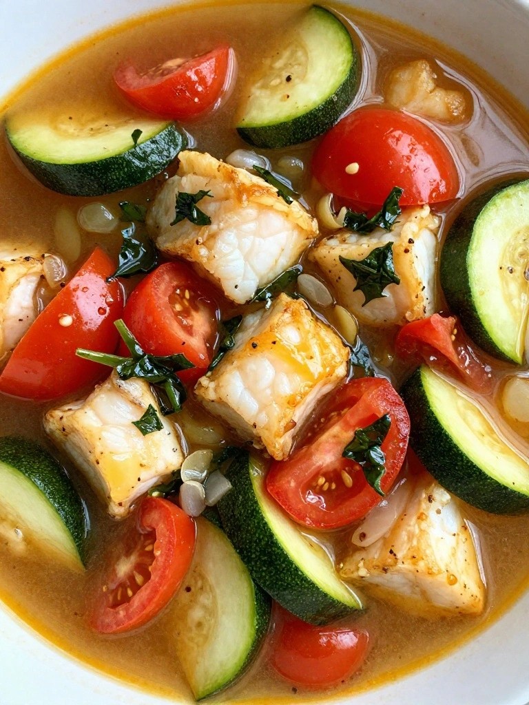 Mediterranean Cod Stew with Zucchini, Tomatoes, and Fresh Basil