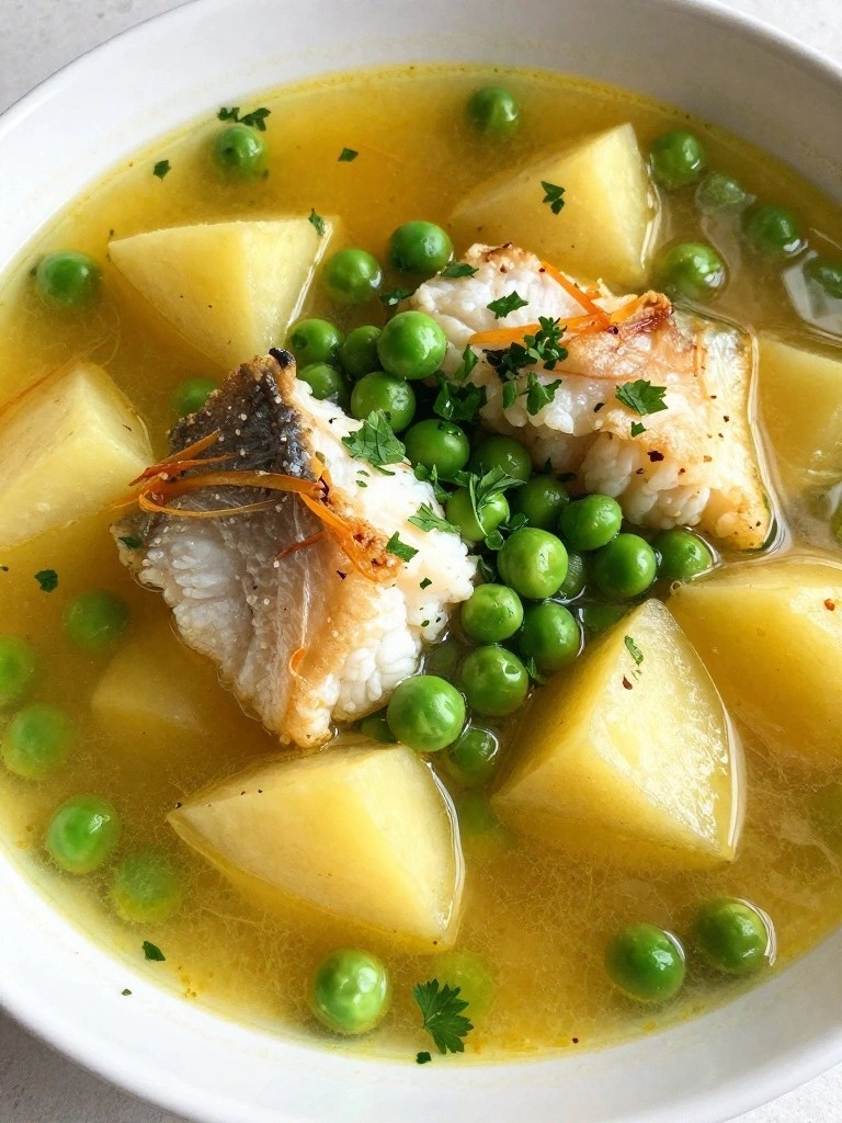 Spanish Saffron Haddock Stew with Potatoes, Peas, and Parsley