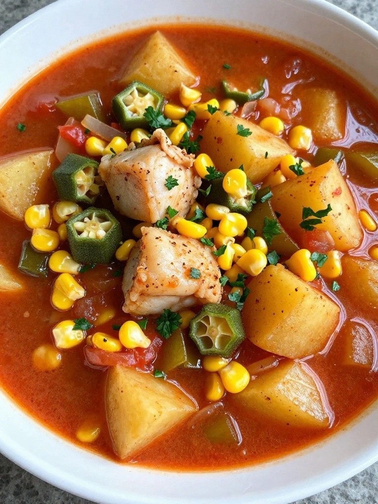 Creole Cod Stew with Potatoes, Corn, and Okra