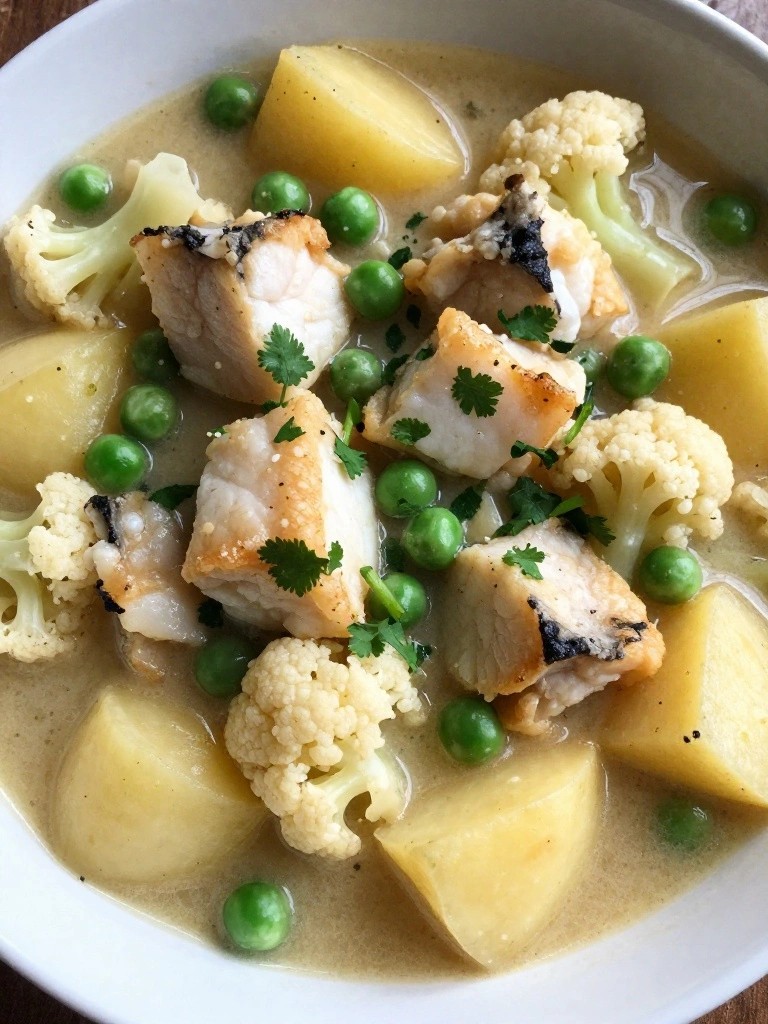 Curried Cod Stew with Potatoes, Cauliflower, and Peas