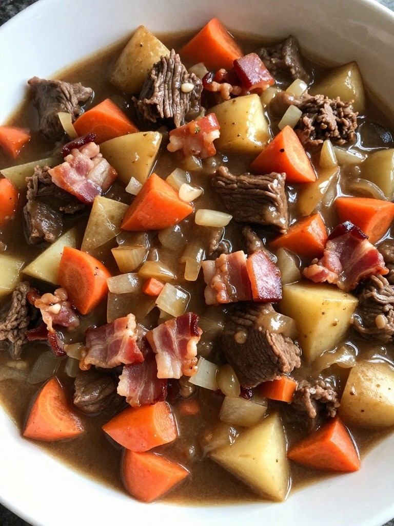Smoky Bacon and Onion Beef Stew with Root Vegetables