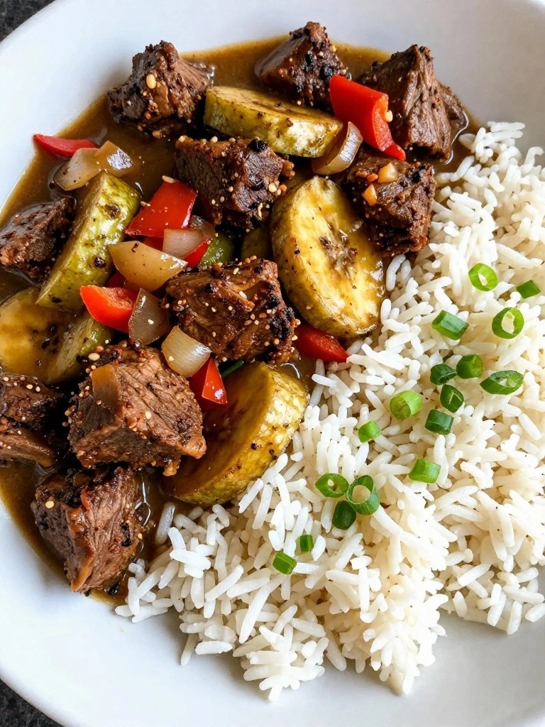 Caribbean Jerk Lamb Stew with Plantains and Coconut Rice