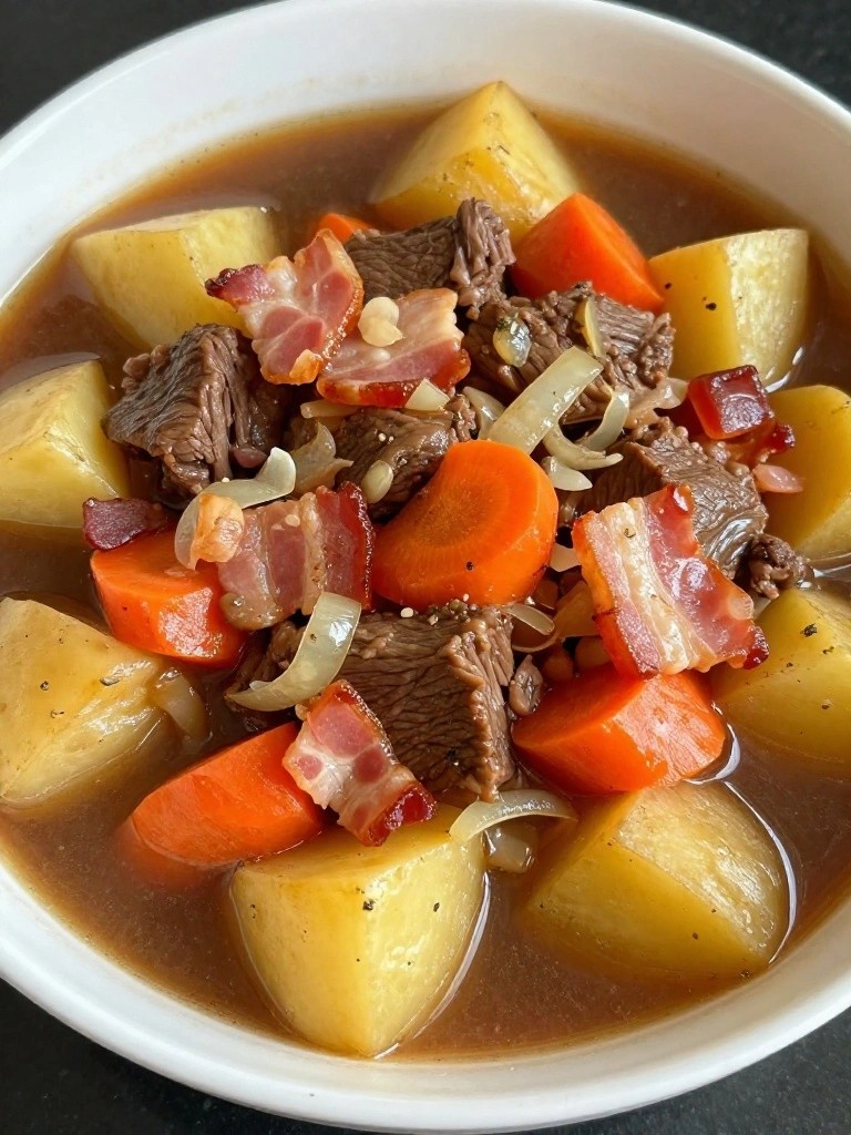 Bacon and Onion Beef Stew with Rustic Potatoes