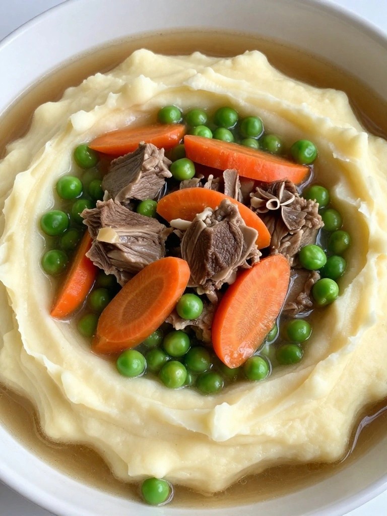 Lamb Stew with Carrots, Peas, and Mashed Potato Topping
