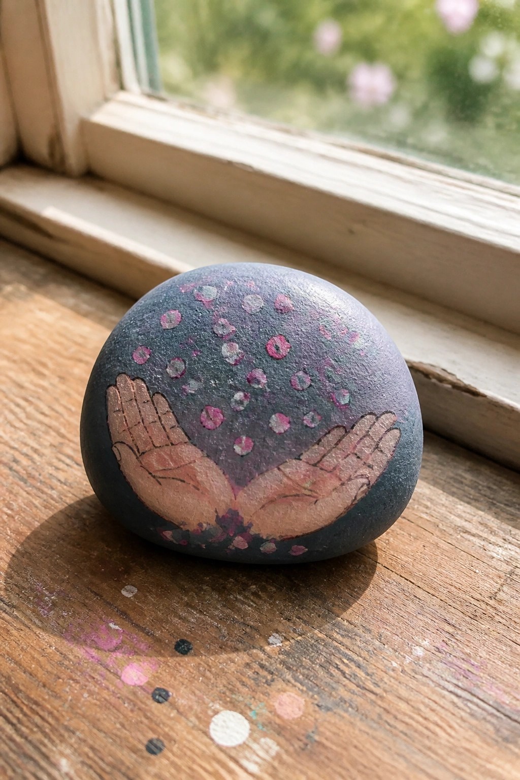 Painted dark stone with cupped hands and pink dots on wooden windowsill