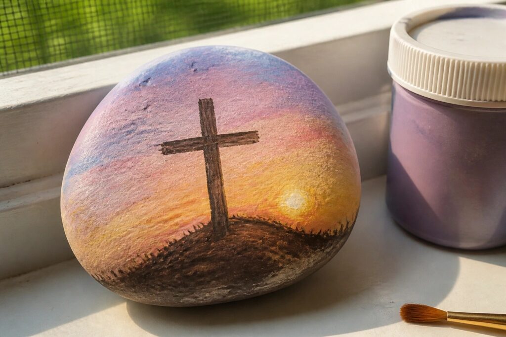 Painted rock with black cross over purple-pink sunset, paint jar and brush nearby