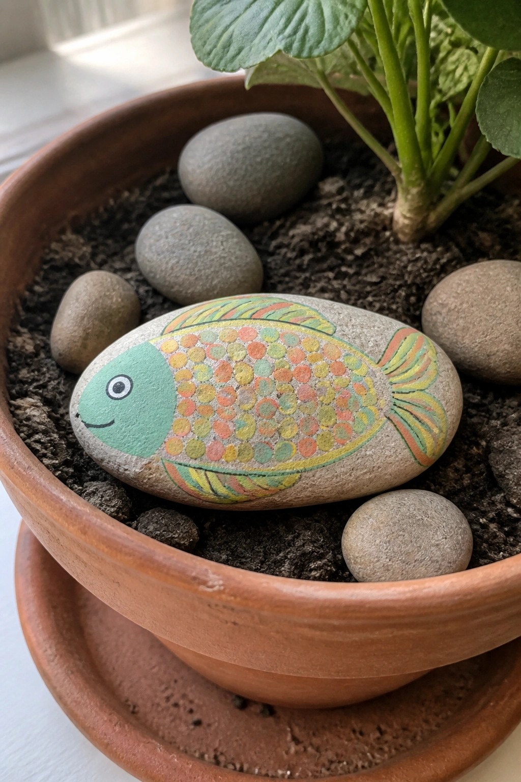 Painted colorful fish rock amid gray stones in terracotta plant pot
