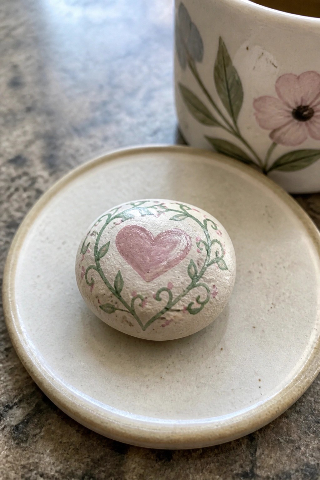 Painted stone with pink heart and green vines on beige plate beside floral mug