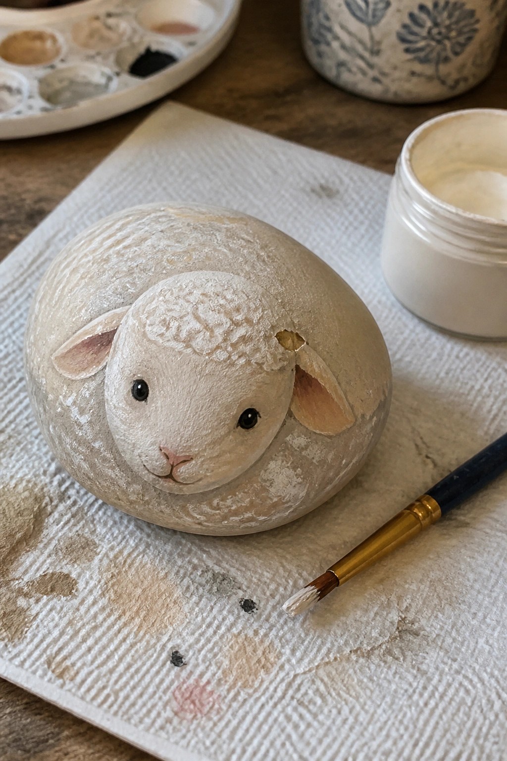 Painted rock lamb with white wool texture, black eyes, pink nose on paper towel