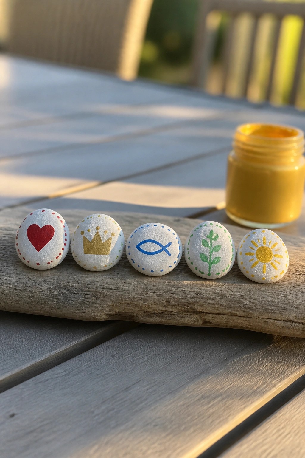 Five painted stones with heart, crown, fish, plant, sun designs beside yellow paint jar