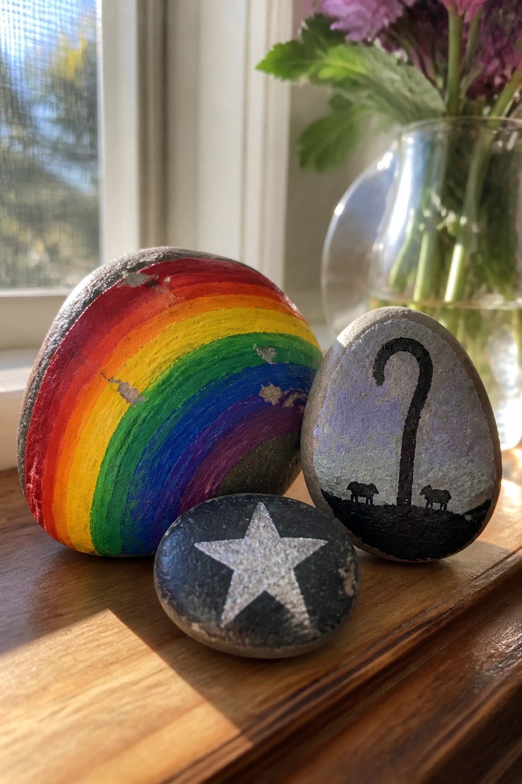 Three painted rocks on wood: rainbow stripes, white star, question mark with animals.