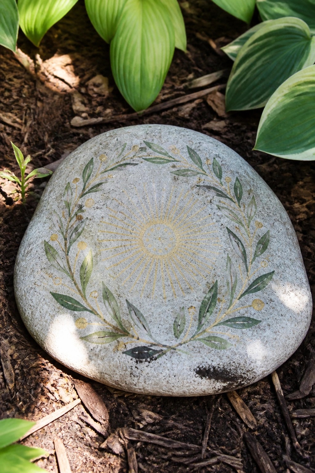 Gray stone with green leaf wreath and golden sun design on soil