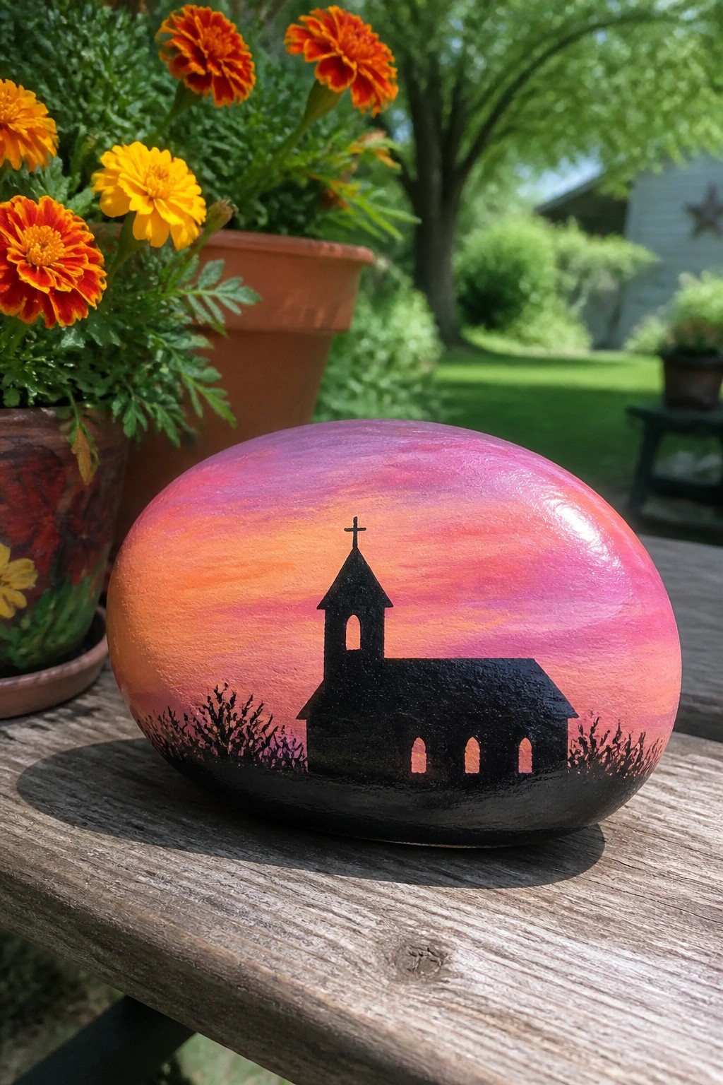 Painted rock with black church silhouette on vibrant pink-orange sunset sky amid flowers