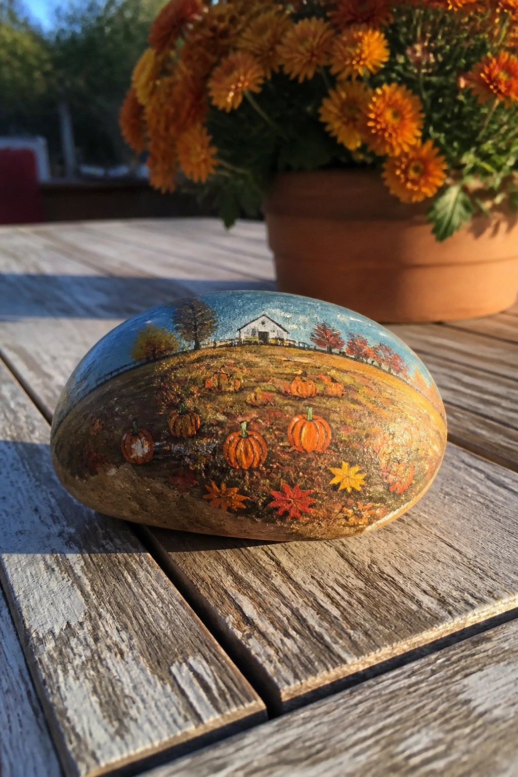 A painted oval rock showing a pumpkin field, barn, and autumn trees sits on a wooden table beside a pot of orange flowers.