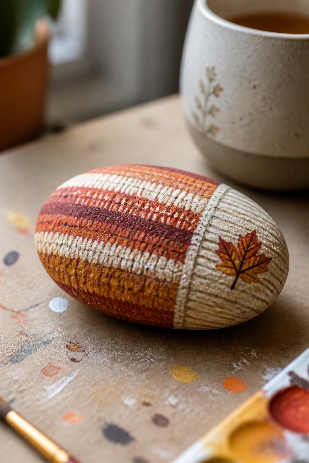 Striped painted rock with maple leaf beside ceramic mug and paint palette