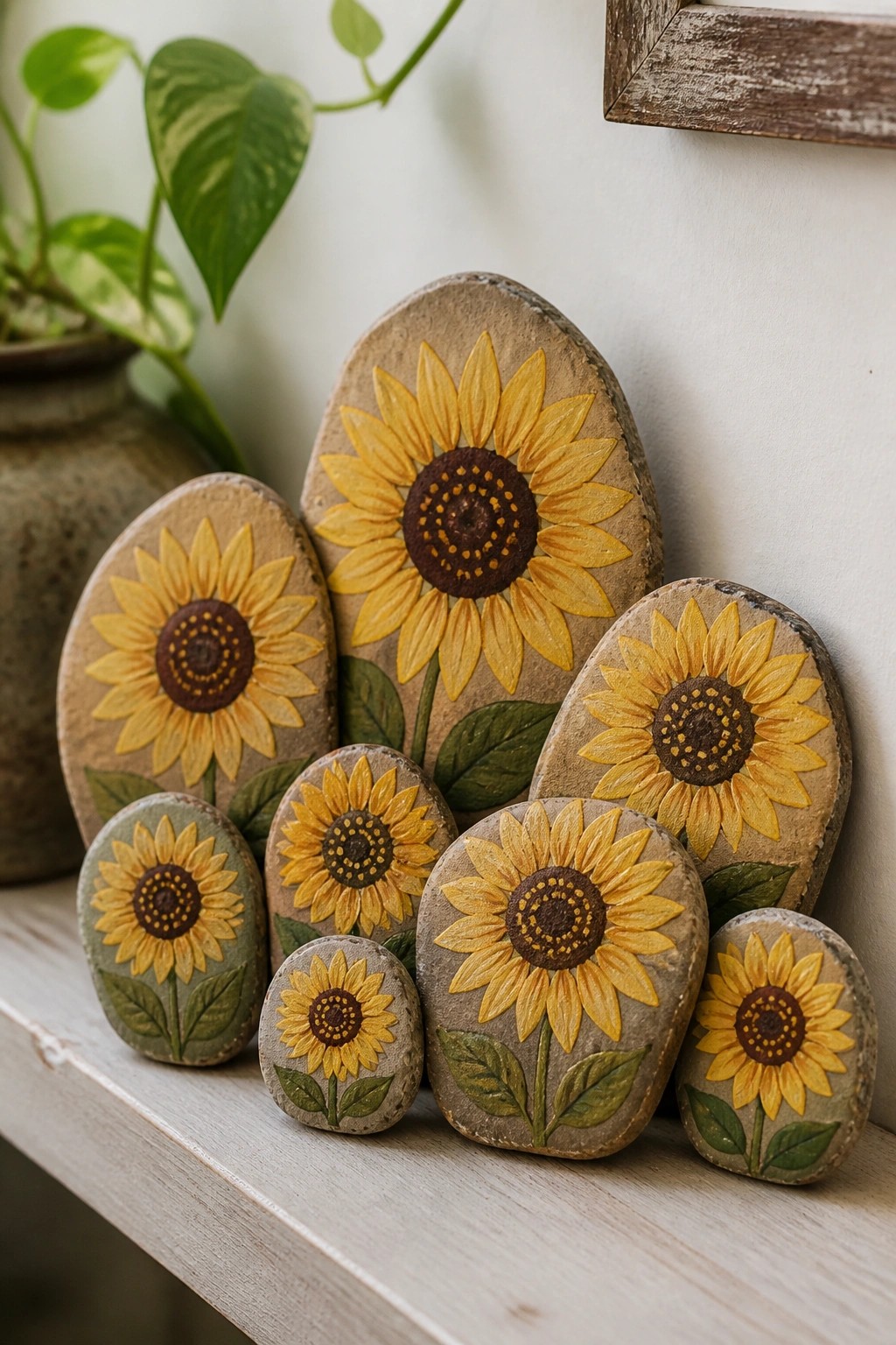 Painted stones with yellow sunflowers arranged on a white wooden shelf beside a plant.