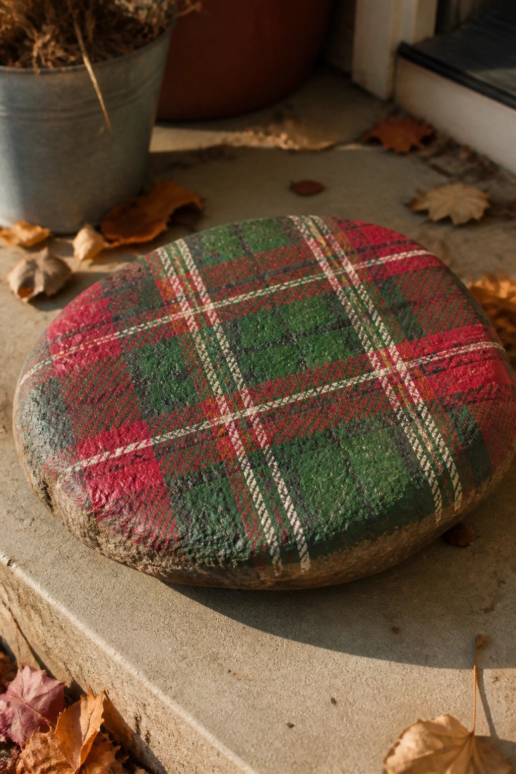 Round plaid-painted stone on concrete steps amid scattered autumn leaves