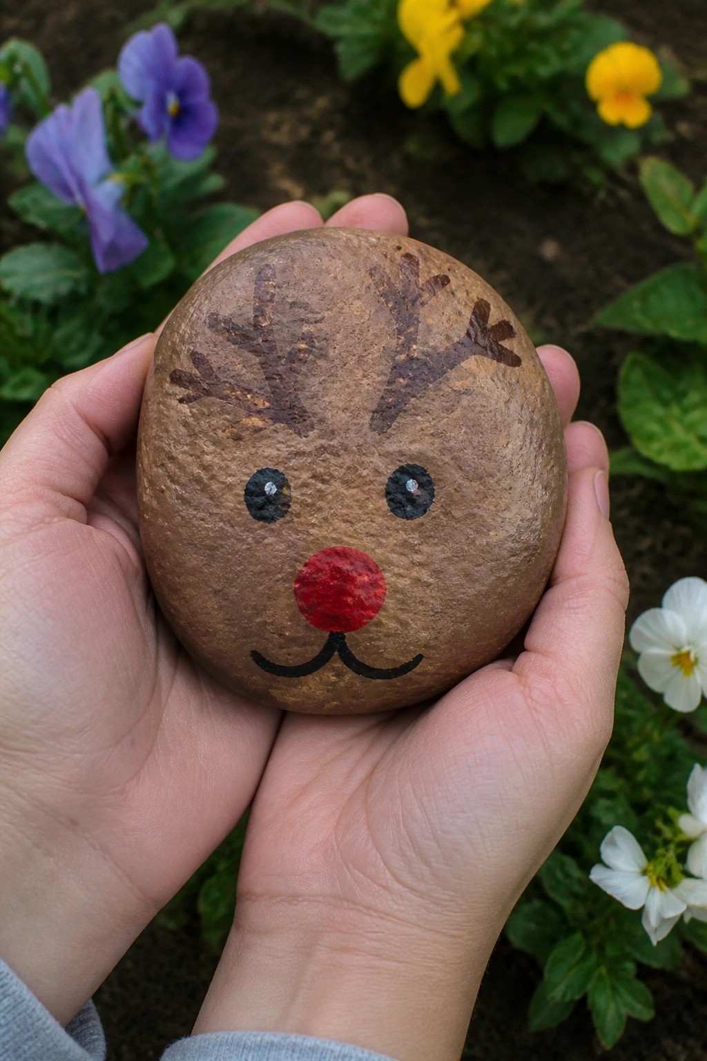 Hands holding a brown rock painted as reindeer with antlers, red nose, and sparkly eyes amid flowers.