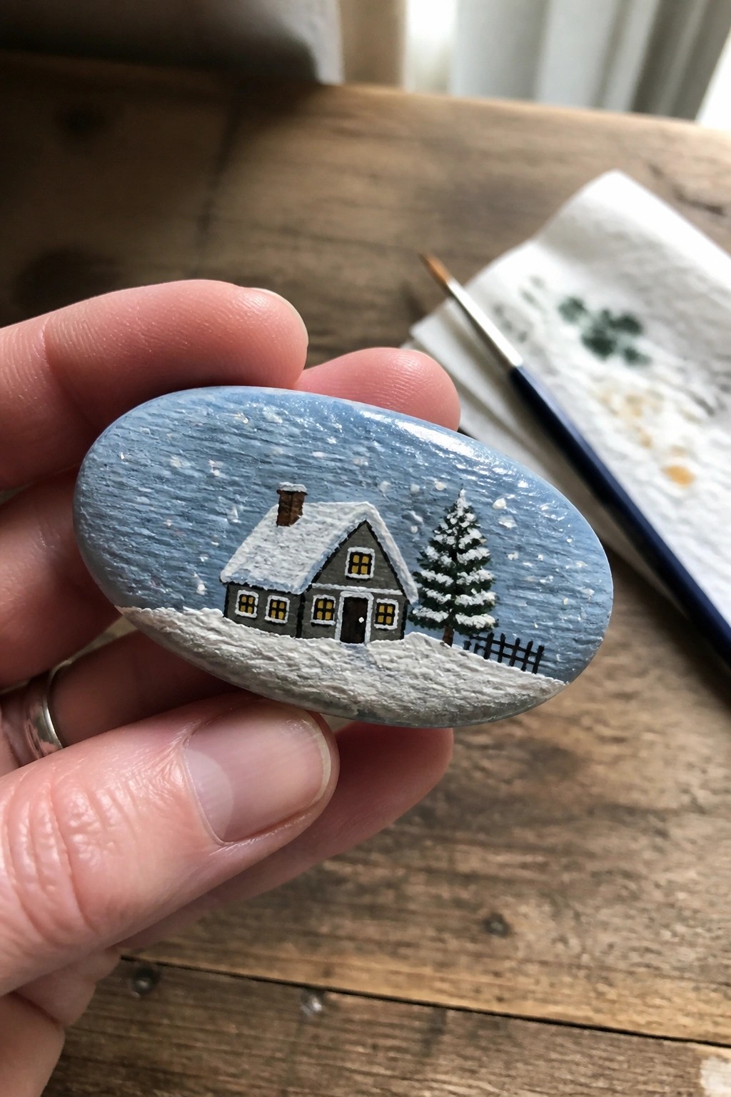 Hand holds oval rock painted with snowy house, lit windows, and pine tree.