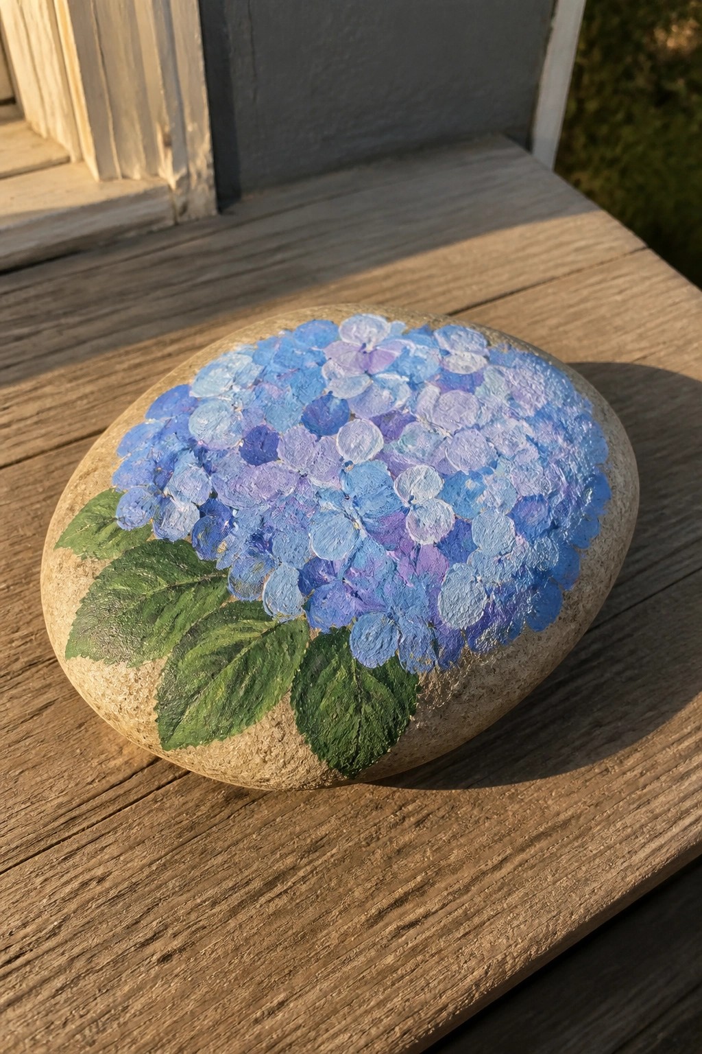 Painted stone with blue-purple hydrangea blooms and green leaves on weathered wood.