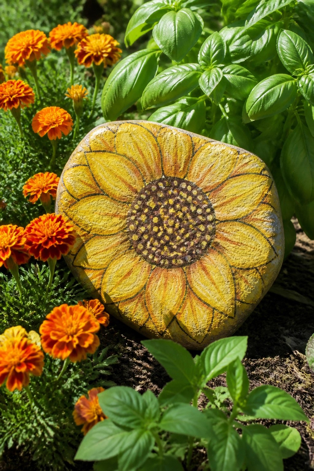 Sunflower-painted stone amid orange marigolds and lush green basil leaves