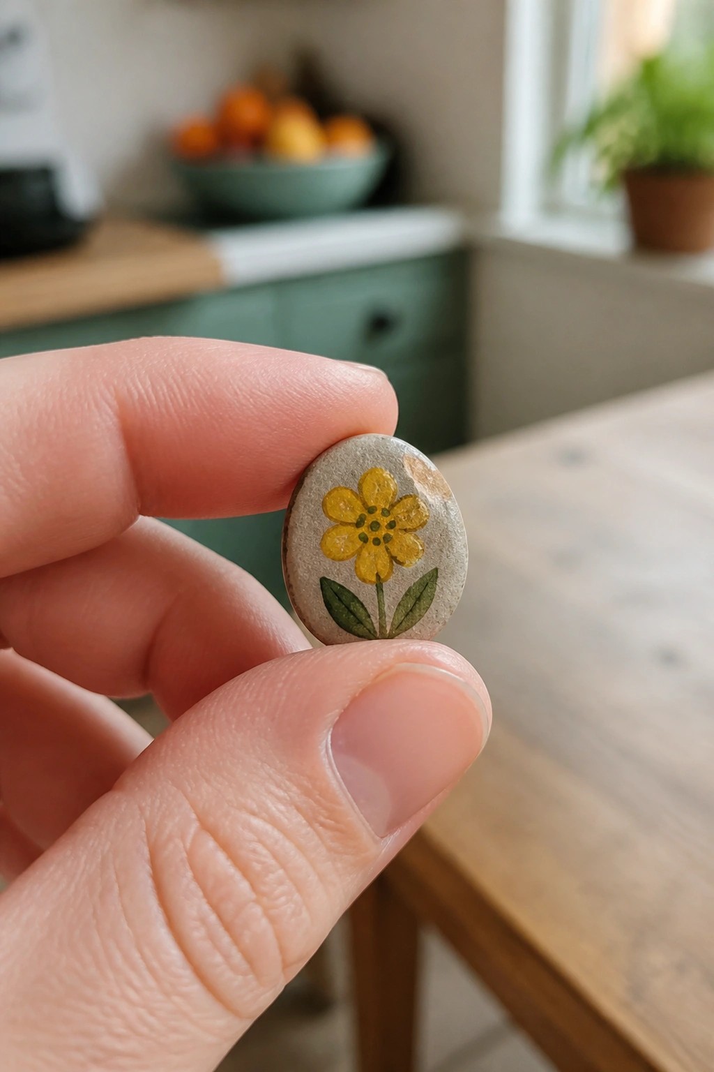 Hand holding small oval stone painted with yellow flower and green leaves