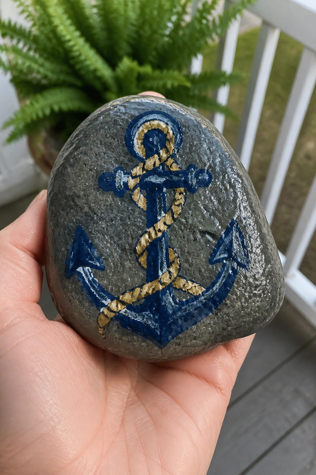Hand holding gray rock painted with blue anchor and gold rope