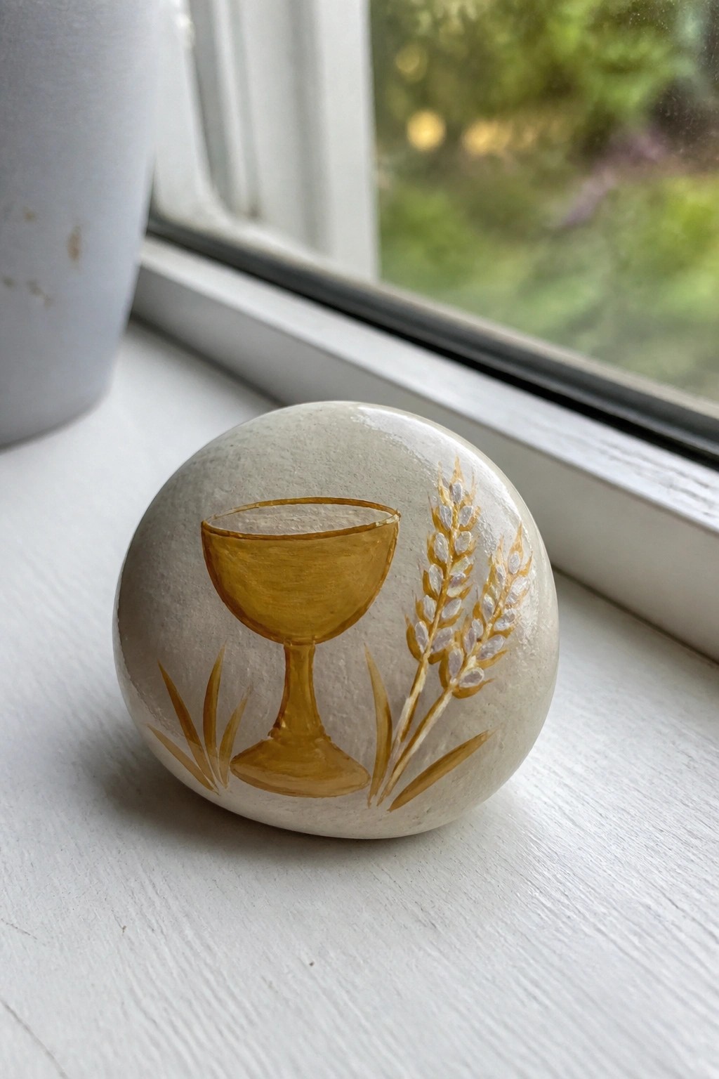 Round stone painted with golden chalice and wheat on white windowsill