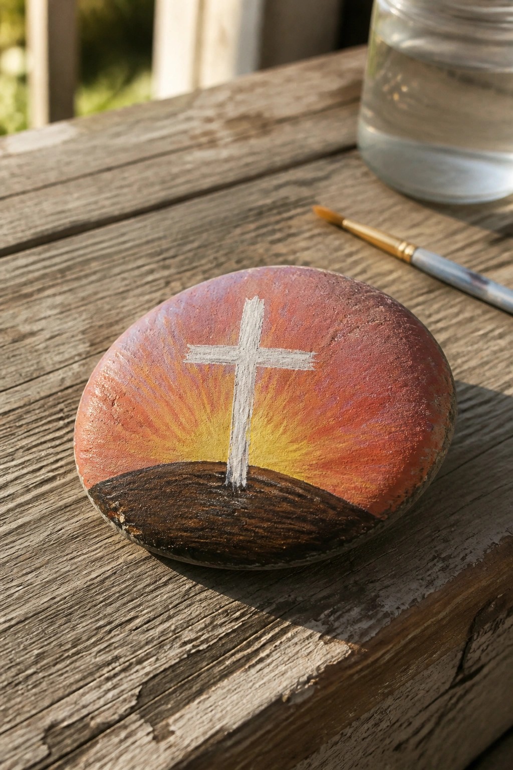 Painted rock with white cross over orange sunset on wooden table beside brush