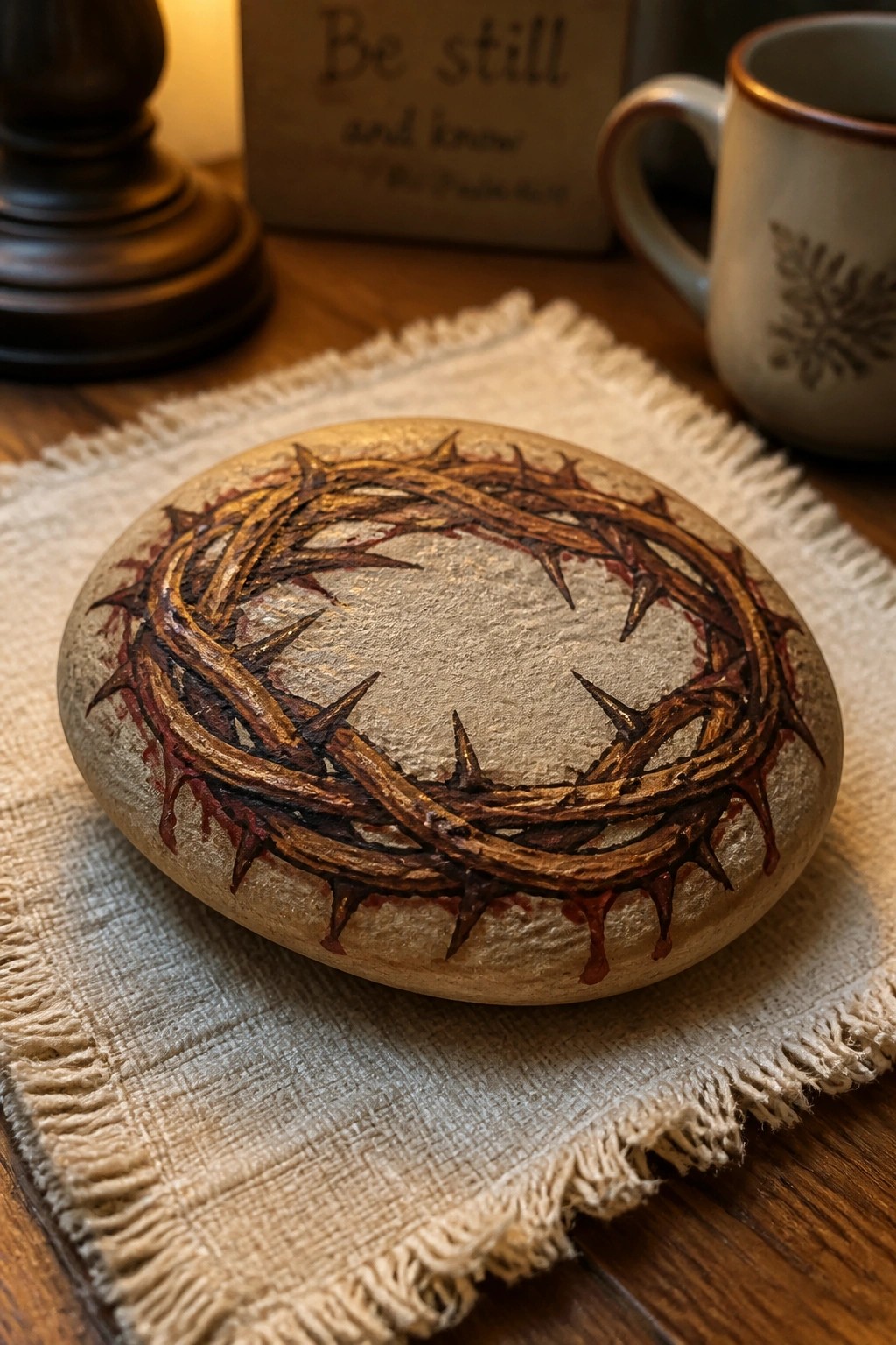 Painted rock with crown of thorns and red drips on fringed cloth.