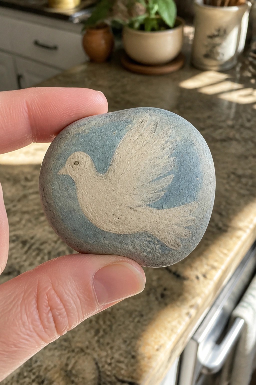 Hand holding smooth stone painted with white dove on blue background.