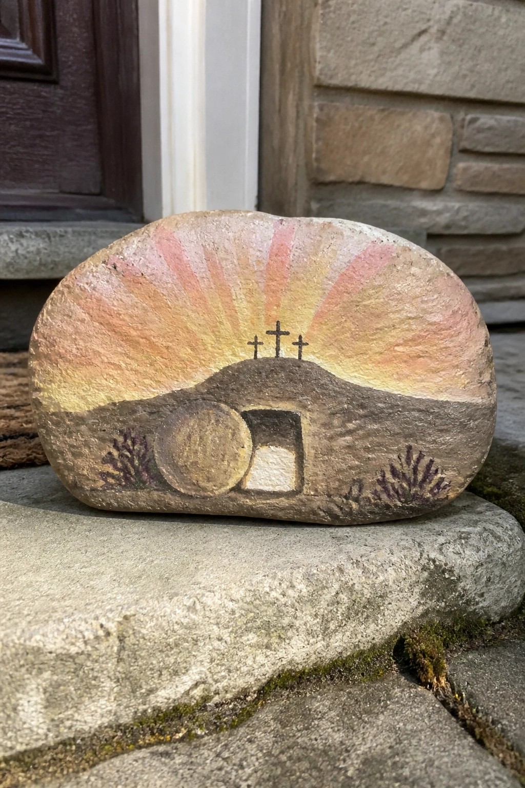 Painted rock with sunrise rays over three crosses and empty tomb with stone.