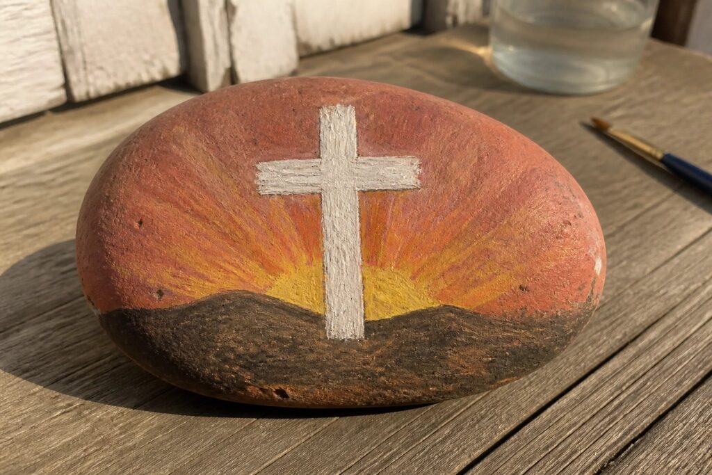 Painted rock with white cross over orange sunset on wooden table beside brush