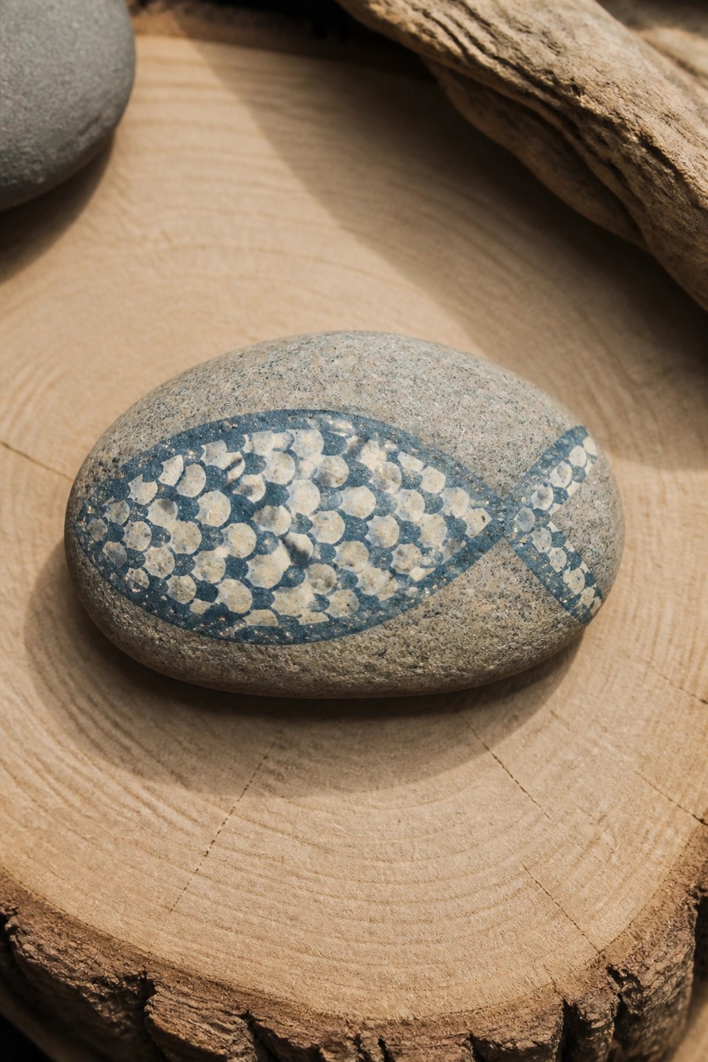 Oval stone with blue and white fish scale pattern on wooden stump