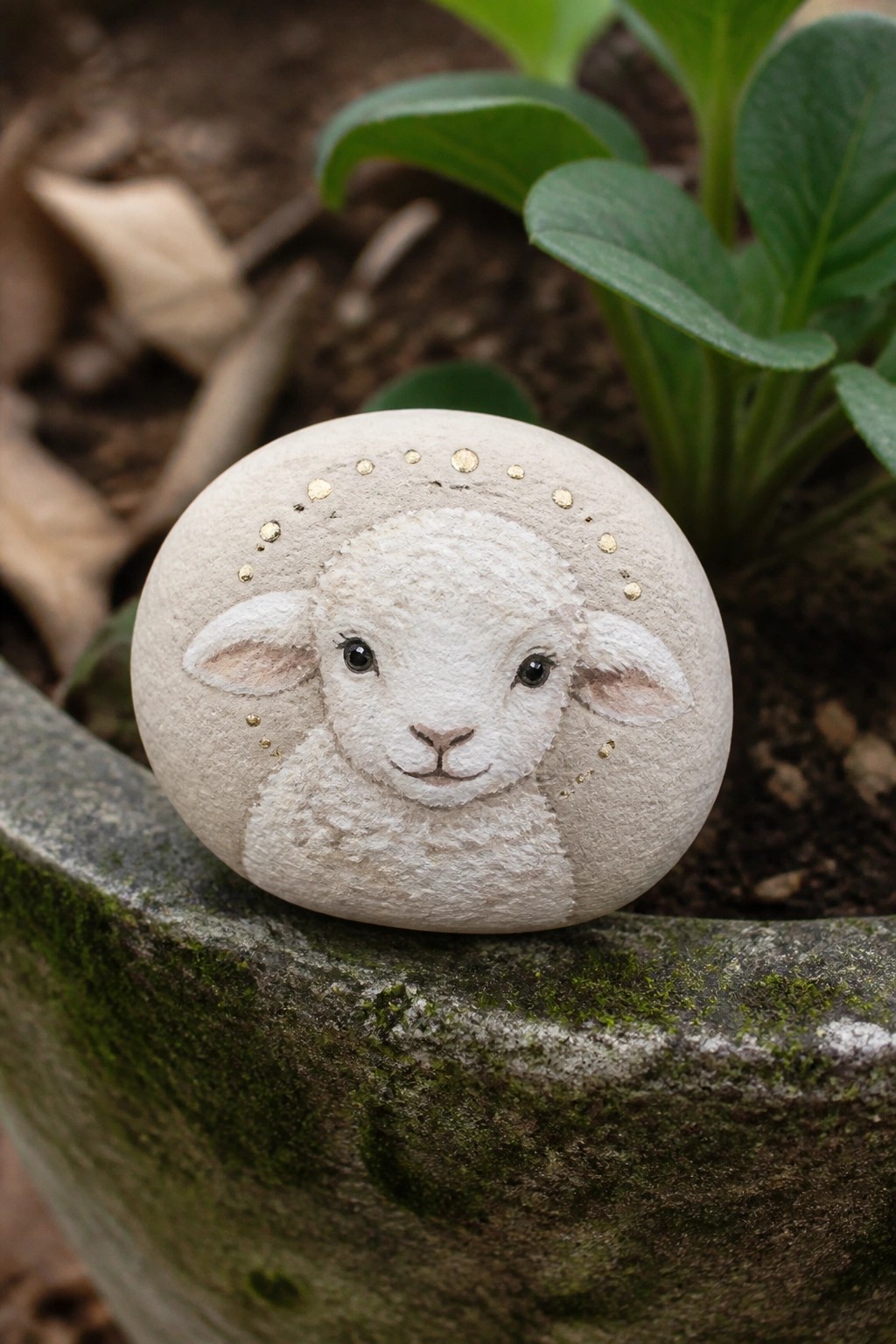 Round stone painted as white sheep with gold dots on mossy garden edge