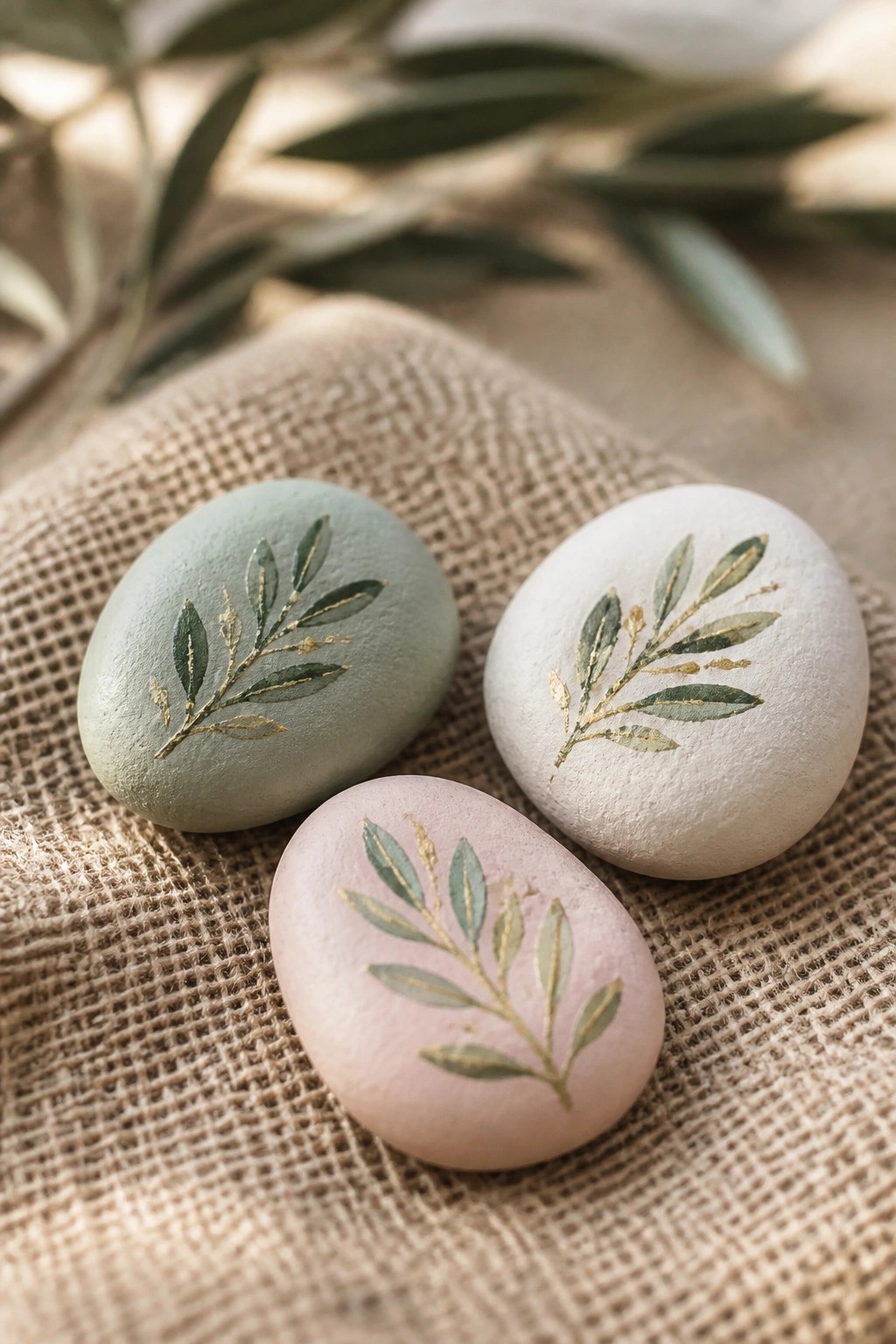 Three pastel stones with gold leaf branch designs on burlap beside olive sprigs