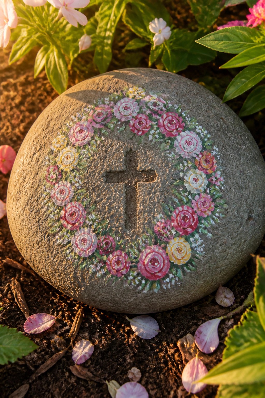 Large stone with painted rose wreath encircling carved cross amid garden soil and petals