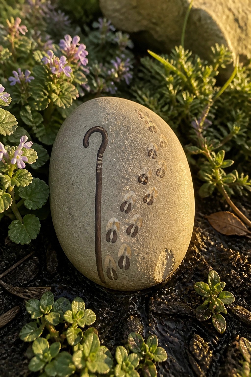 Painted stone with shepherd's crook and fading hoofprints amid green plants and purple flowers