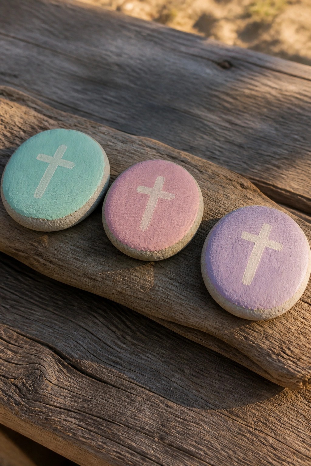 Three pastel stones with white crosses on weathered wooden planks