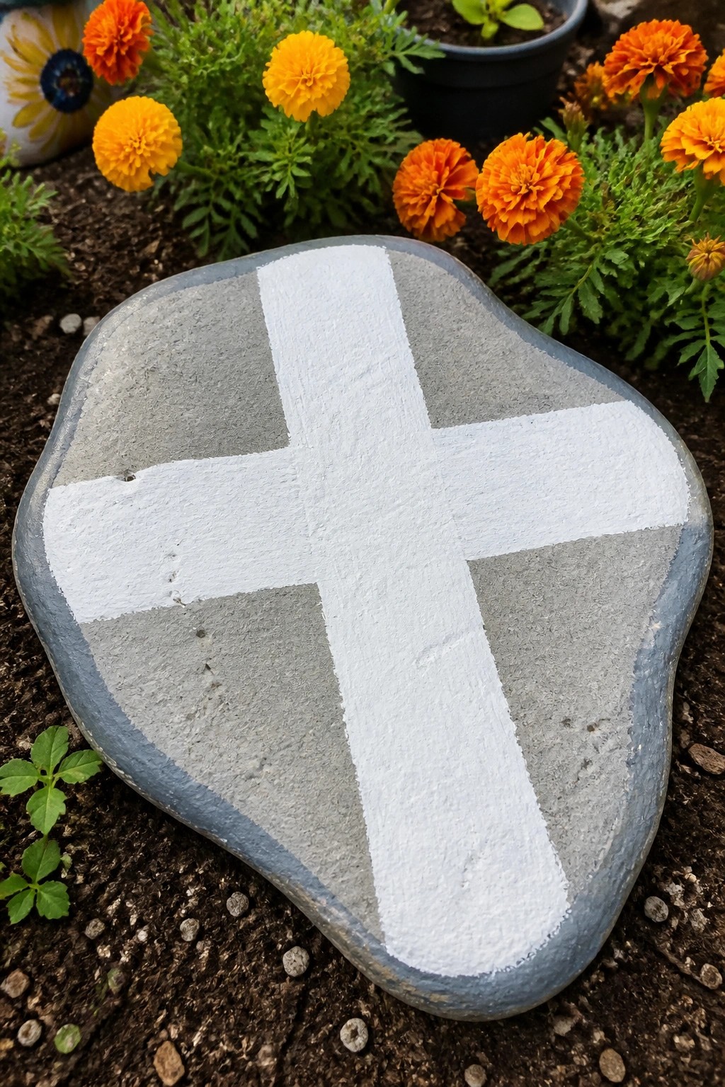 Gray rock with white cross amid orange marigolds on garden soil.